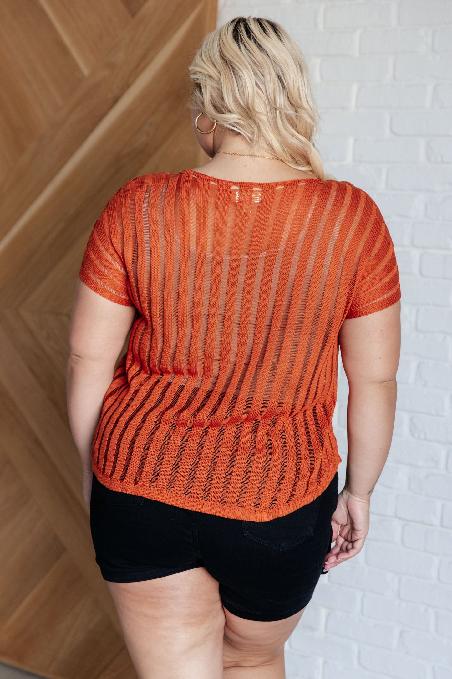 Back view of a plus size model wearing the Aaliyah Loose Knit Top in burnt orange with a wide v-neckline, short sleeves, and a lightweight open knit stripe pattern. A cozy and stylish sweater knit design.