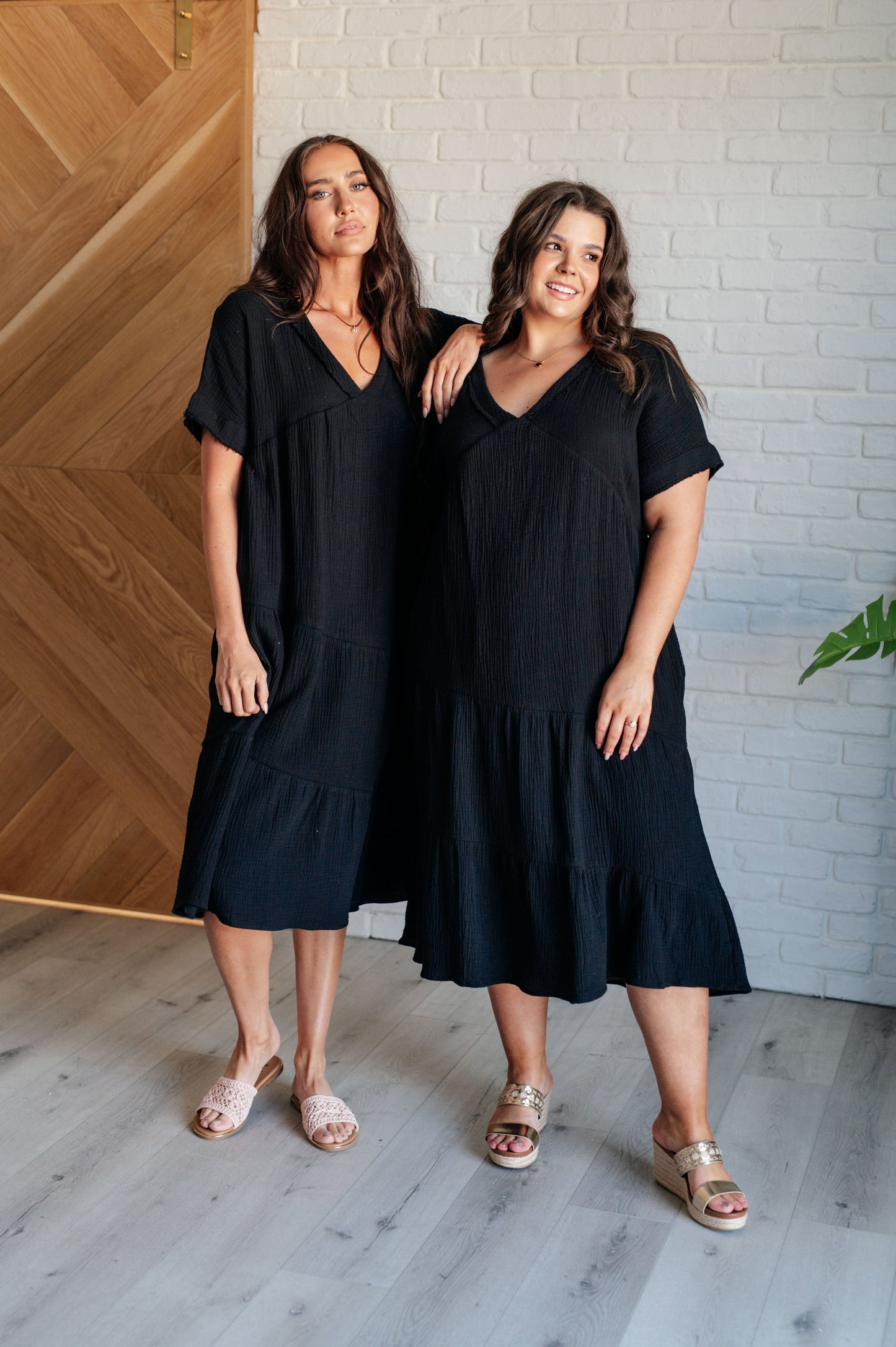 Dani Dolman Sleeve Dress - Black, Crinkle Woven, Tiered Midi Dress