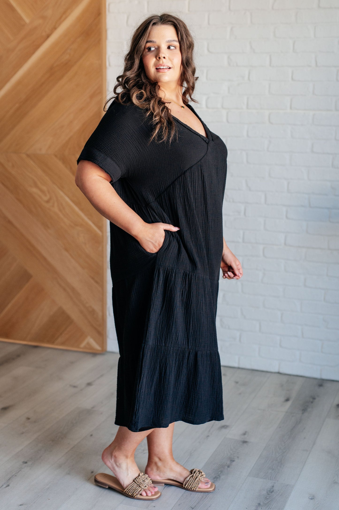 Dani Dolman Sleeve Dress - Black, Crinkle Woven, Tiered Midi Dress