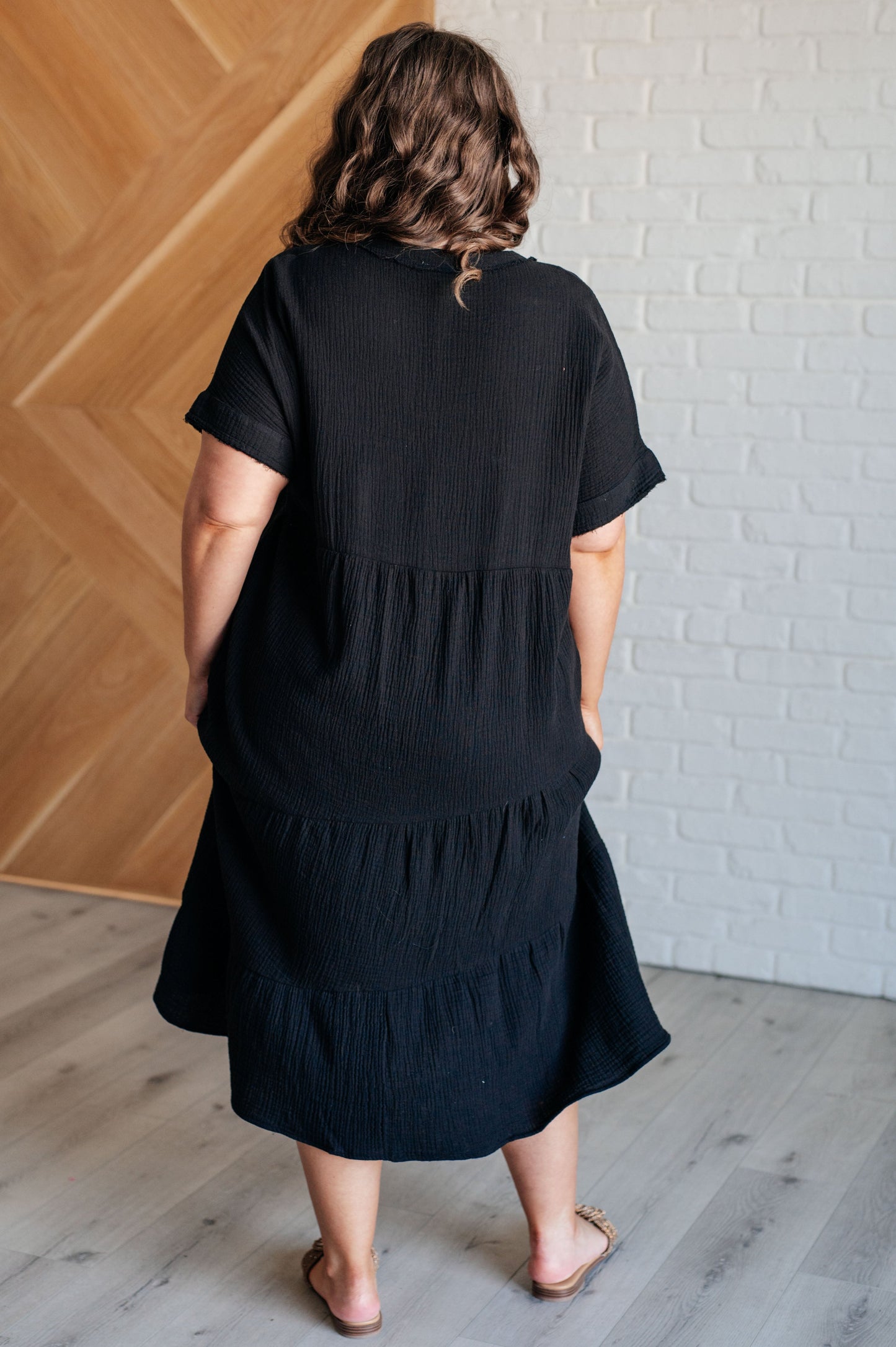 Dani Dolman Sleeve Dress - Black, Crinkle Woven, Tiered Midi Dress