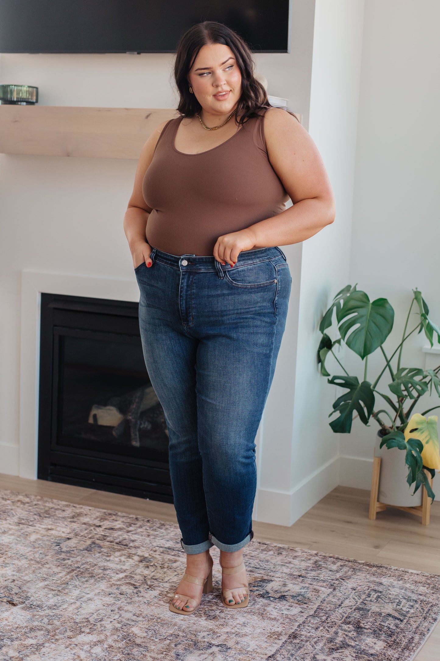 Plus size dark wash cuffed slim fit jeans by Judy Blue – flattering stretch fit.