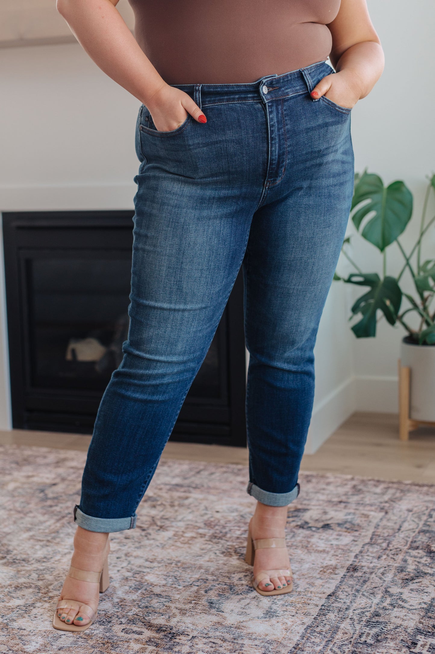 Plus Size Judy Blue Amber Cuffed Slim Fit Dark Wash Jeans – mid-rise stretch.