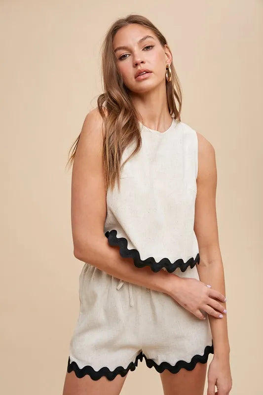 Lightweight Viscose and Flax Linen Annika matching set with contrast stitching and casual drawstring shorts.