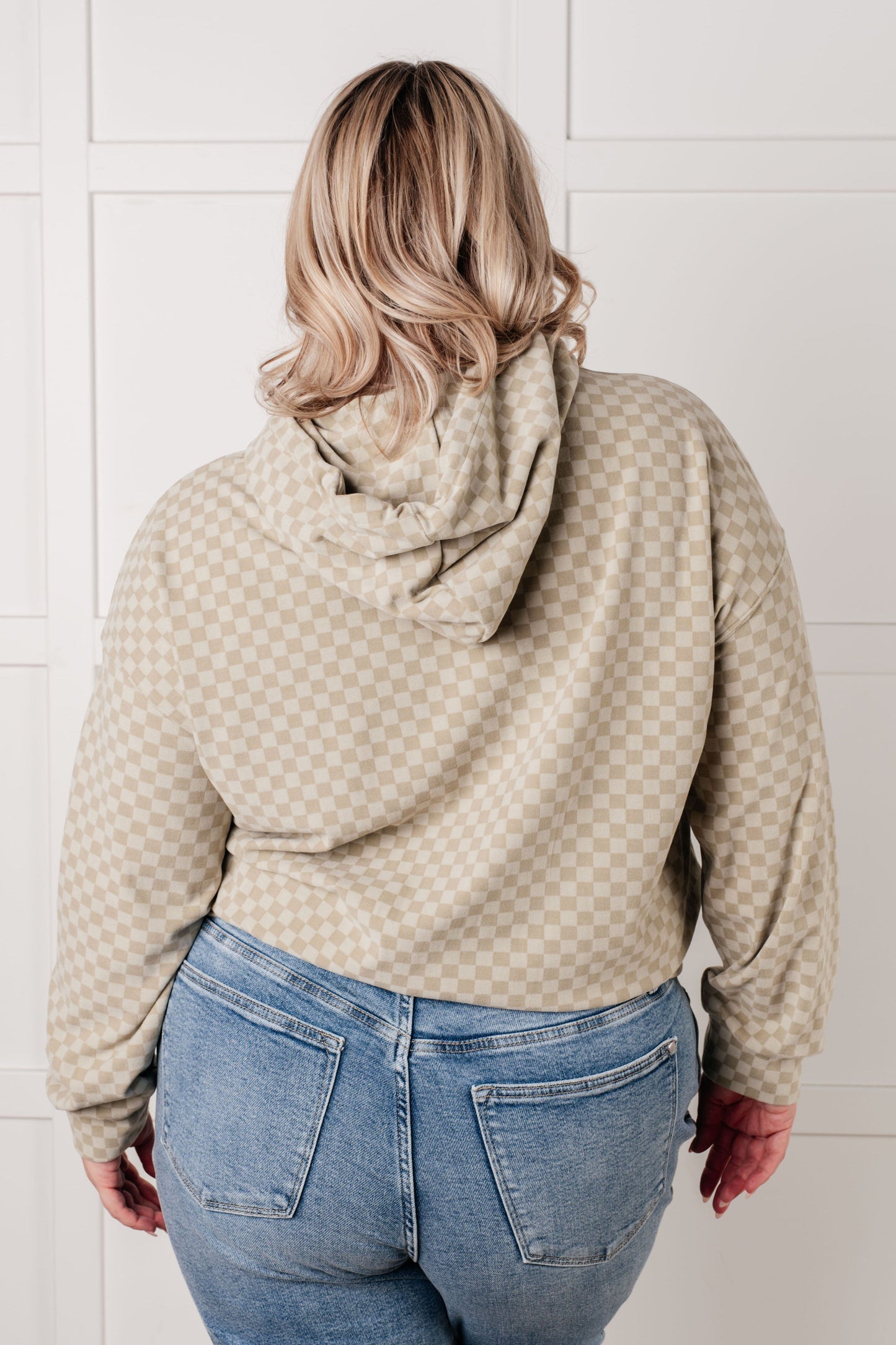 Plus size back view of Dalia Checkered Hoodie in sage with relaxed fit and checkered design.