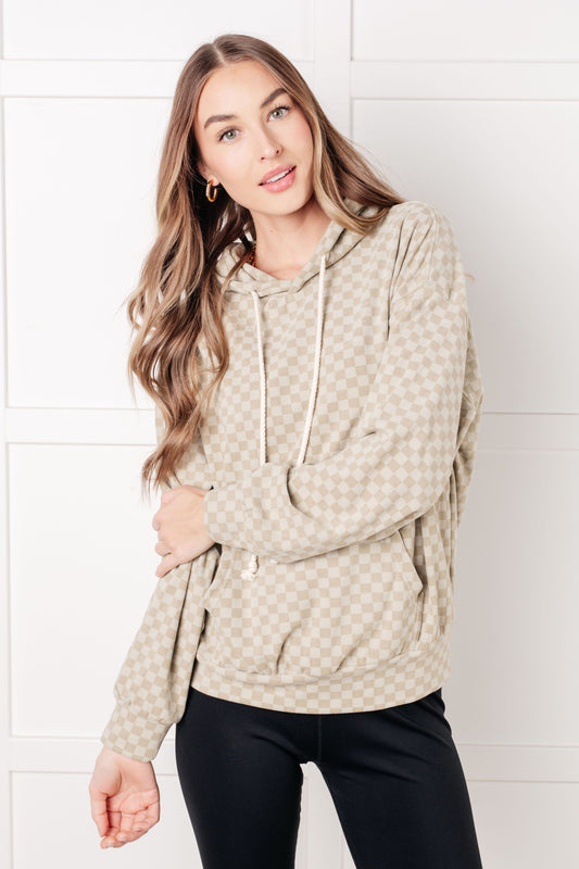 Front view of Dalia Checkered Hoodie in sage featuring cream checkered print and relaxed fit.