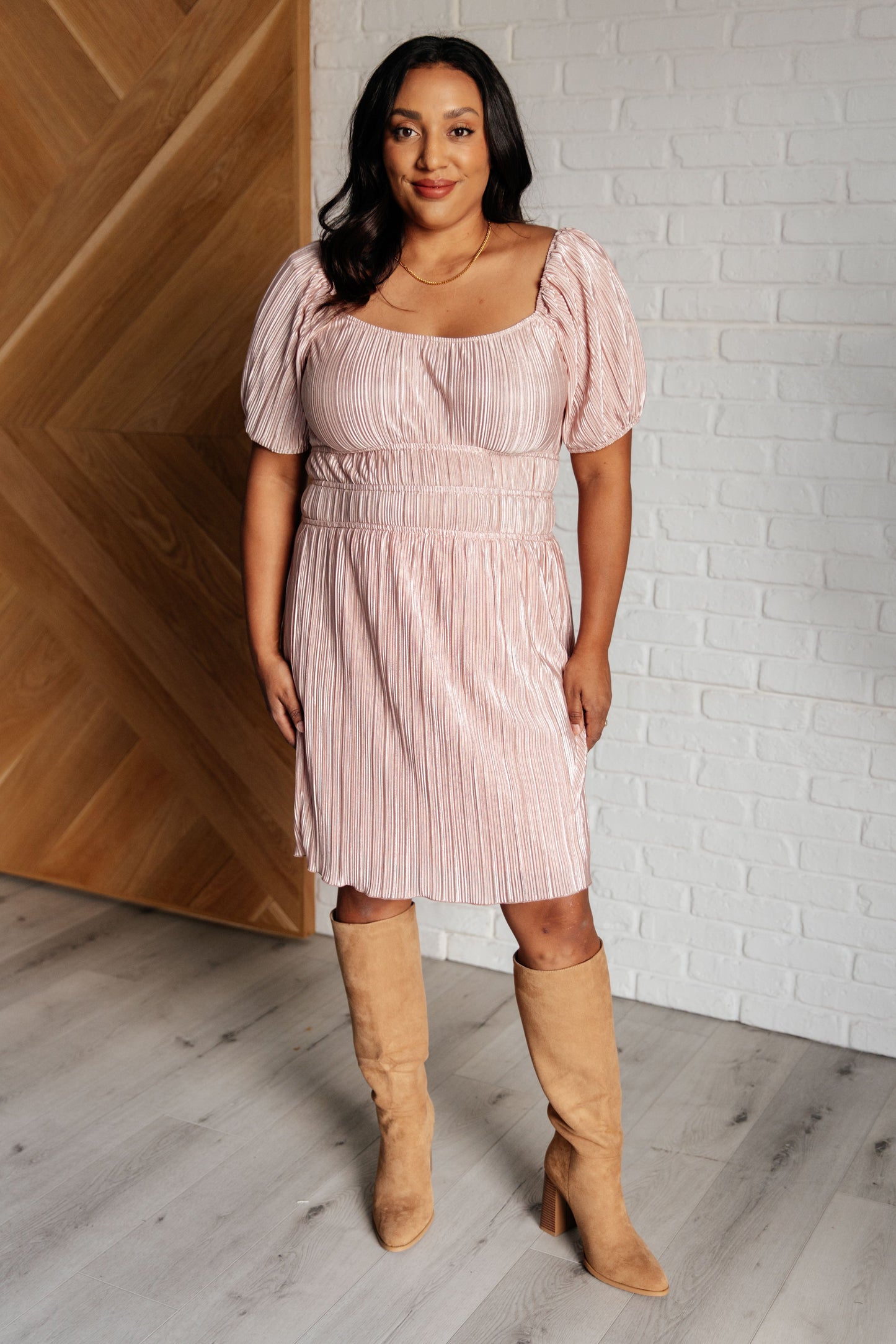 Pink plus size Astrid Balloon Sleeve Dress with elastic waist and whimsical balloon sleeves.