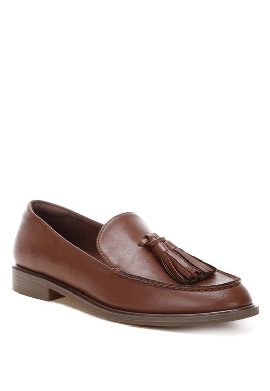 Front view of Atilia Tassel Loafers in Brown closed round toe and tassel accent.