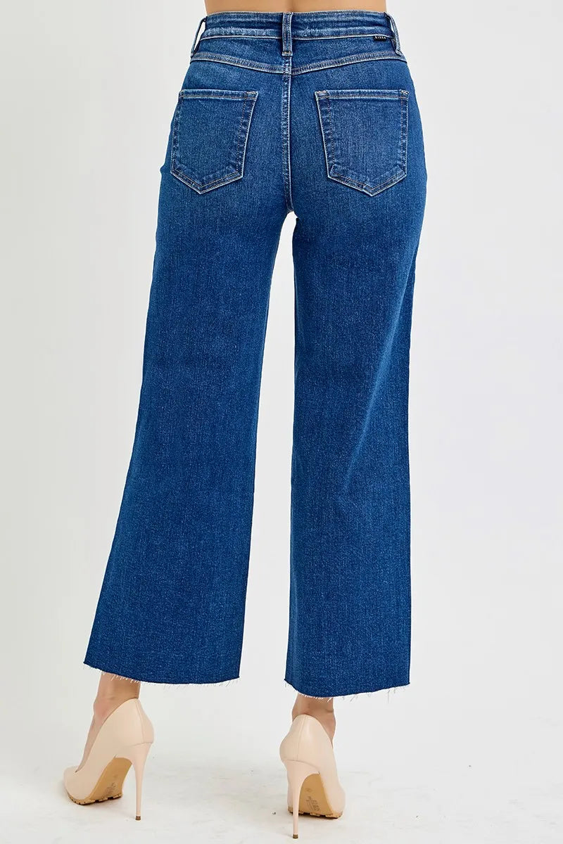 Back view of Adrina tummy control wide crop jeans in dark wash, high rise waist and cropped raw hem.