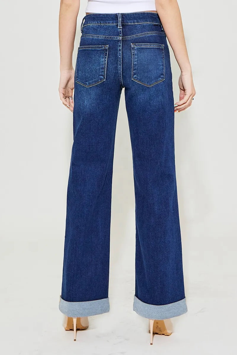 Back view of Christina Wide Leg Jeans in dark wash with high rise fit and pocket details.