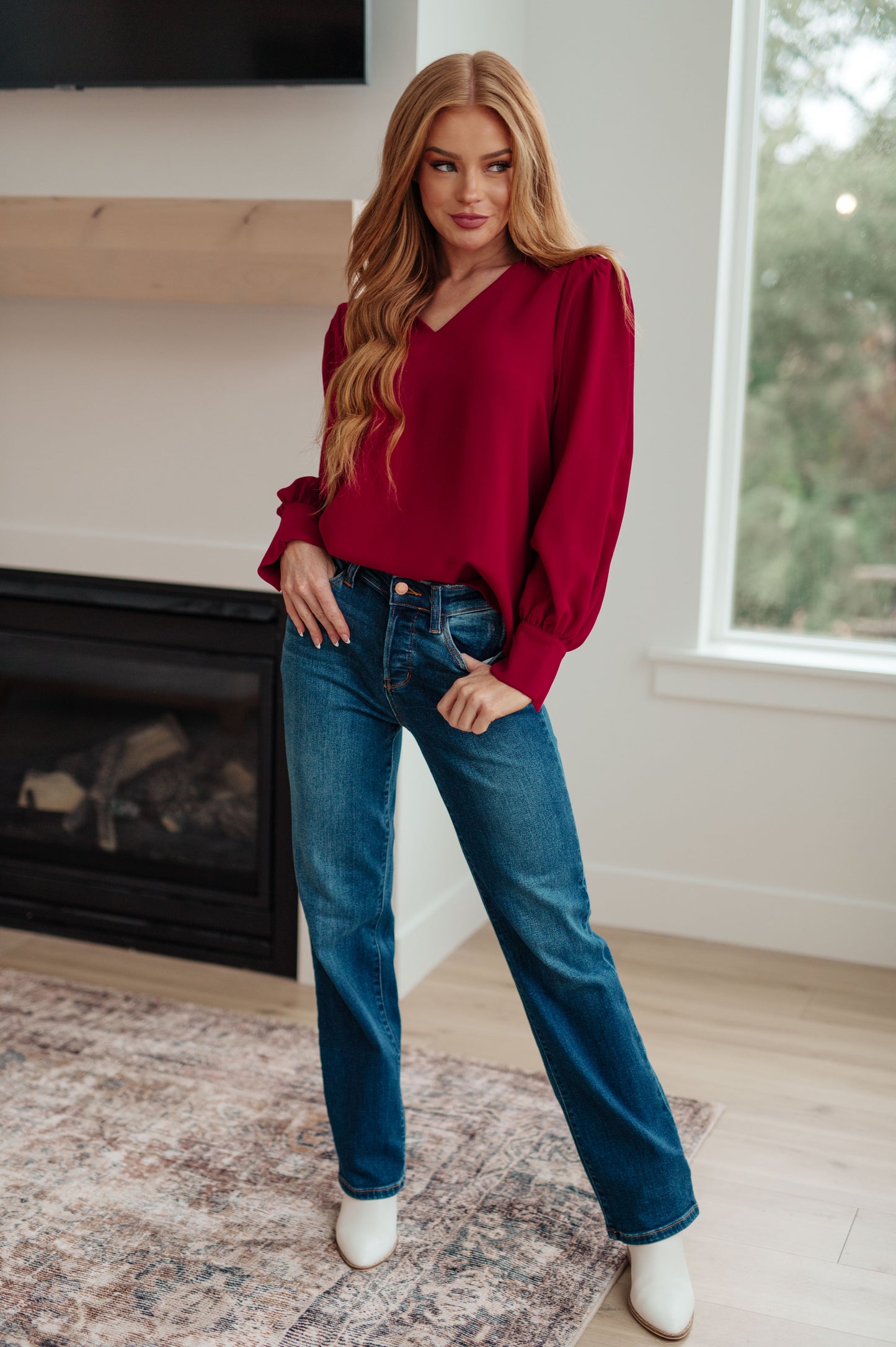Birdie V-Neck Blouse in deep wine, button cuff detail, front view.