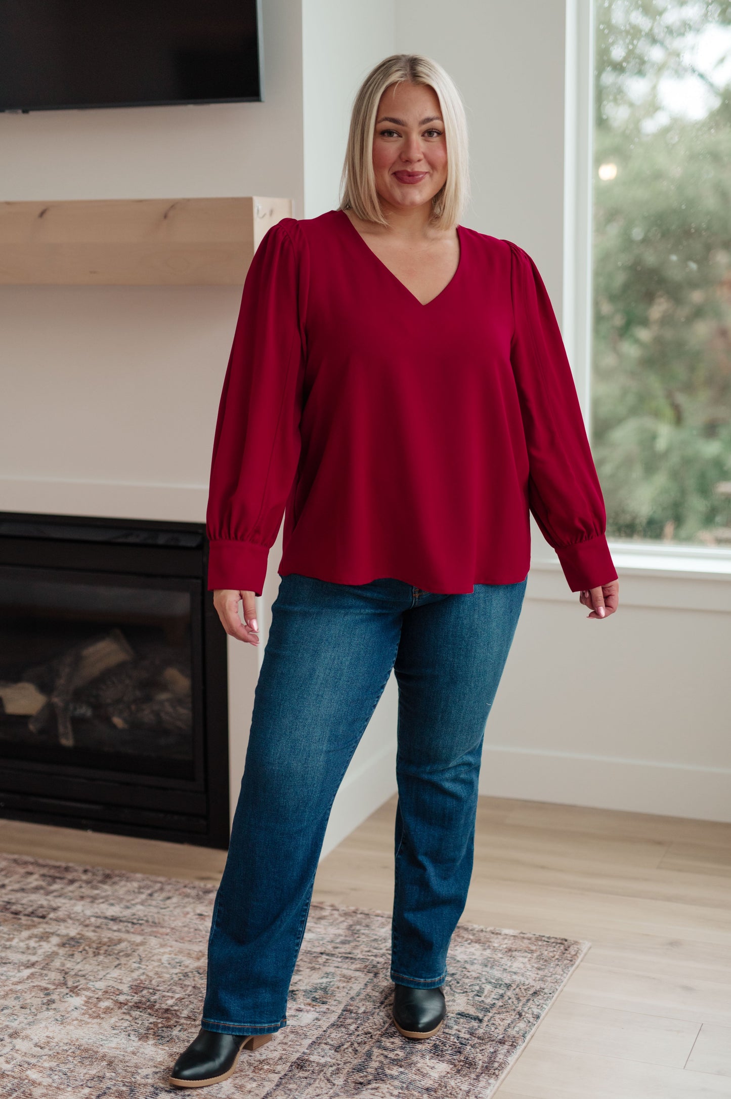 Plus size Birdie V-Neck Blouse in rich wine, front view with puff sleeve style.