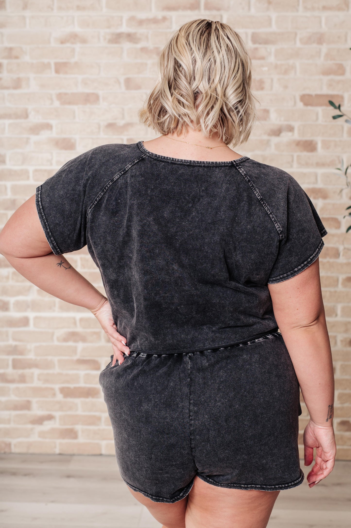 Plus size back view of Becky Mineral Wash Short Set, cropped mineral wash top with pocketed shorts.