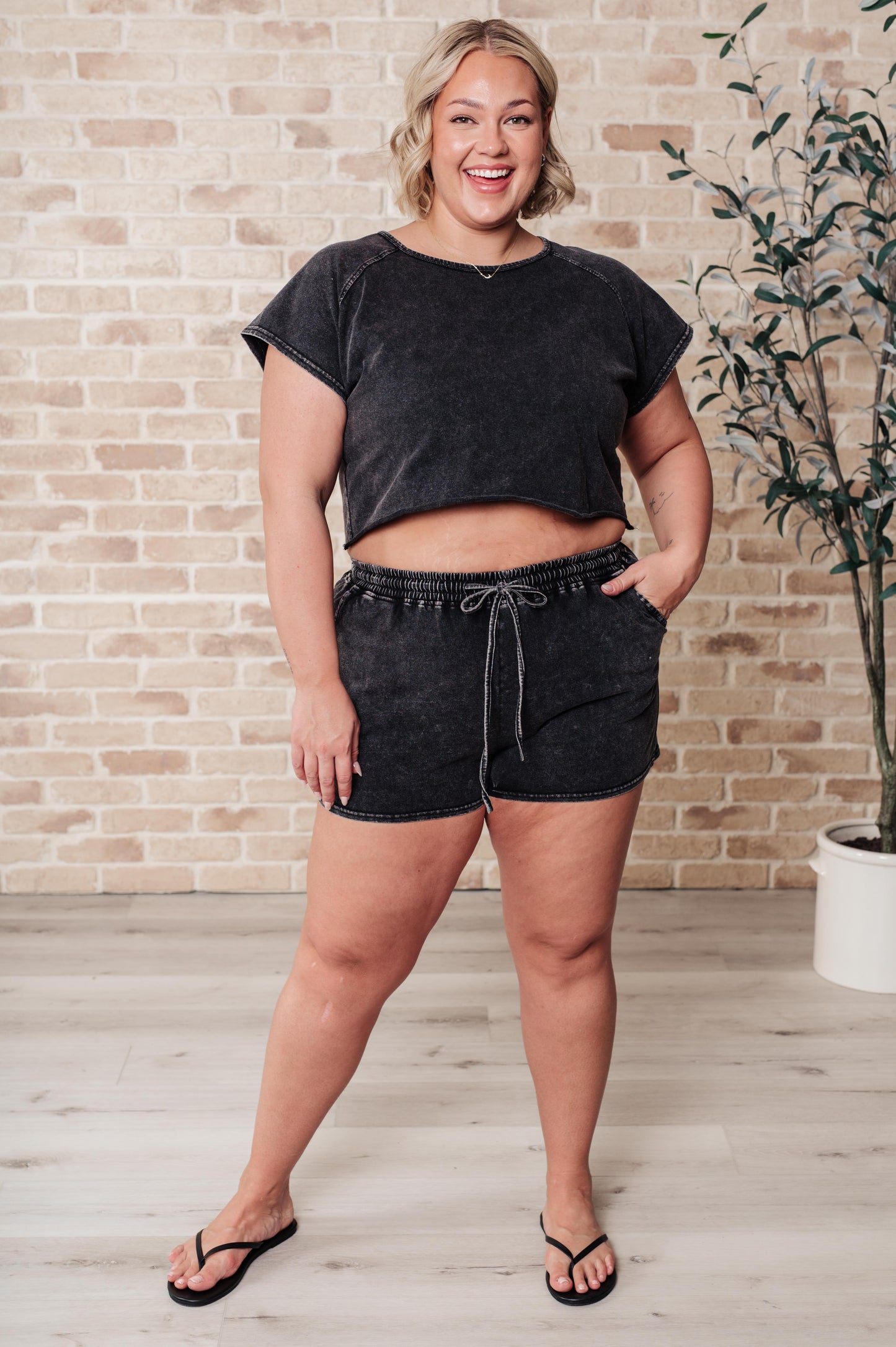 Plus size front view of Becky Mineral Wash Short Set, cropped raglan top with elastic waist shorts.