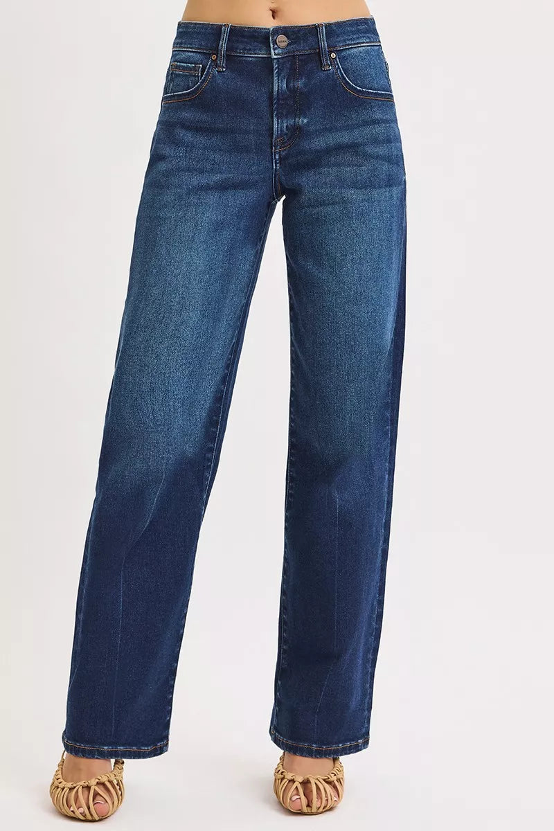 Badu Mid Rise Wide Baggy Jeans Dark Wash front view with relaxed wide leg fit