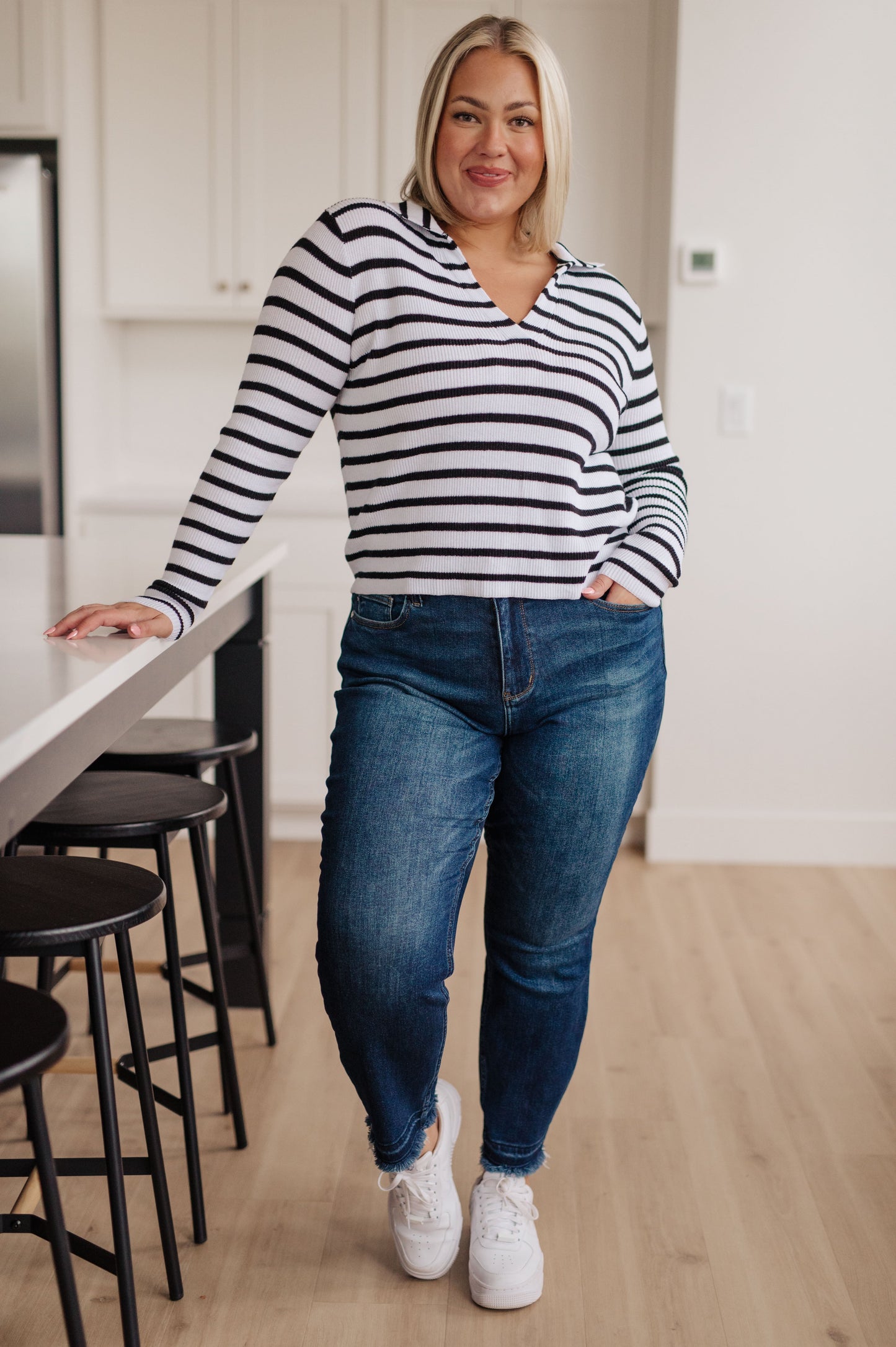 Plus size Bailey V-Neck Striped Sweater front, black-and-white stripes, collared neckline, versatile layering piece.