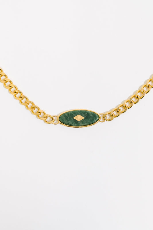 Close-up of Bangle in Jade Bracelet showing jade inlay and gold-plated link chain.