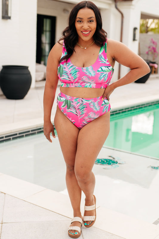 Plus size model in Barbados Tropical Print High Waist Cheeky Swim Bottoms, ribbed pink with tropical pattern.
