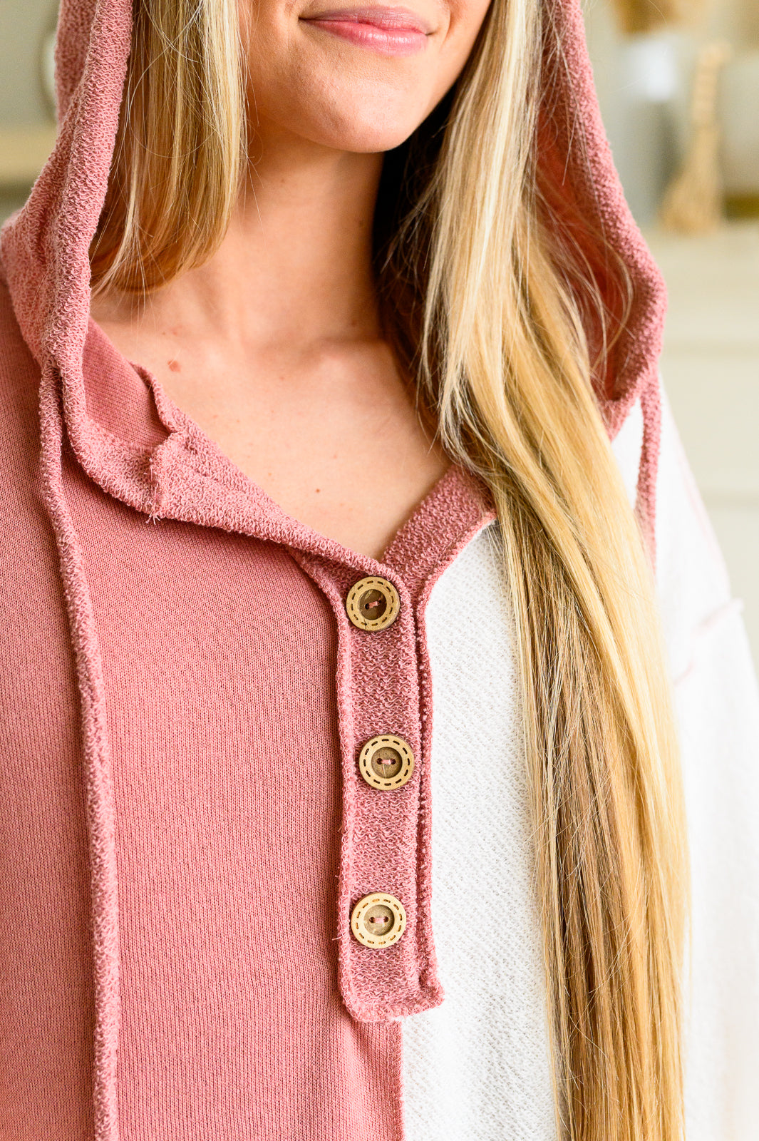 close up view of the stylish Annabell Color Block Hoodie – pink & white, midweight French terry, perfect for layering or lounging.