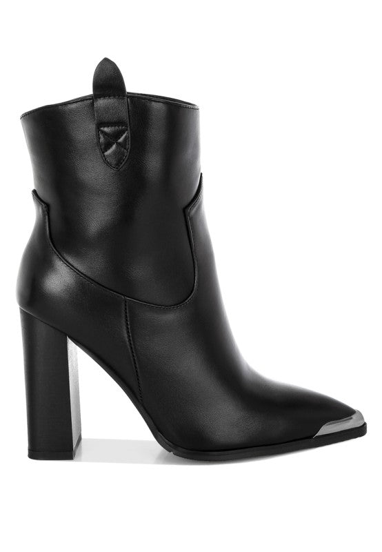 Side view of Black Hatter Pointed Toe Boots highlighting pointed toe, paneling, and block heel