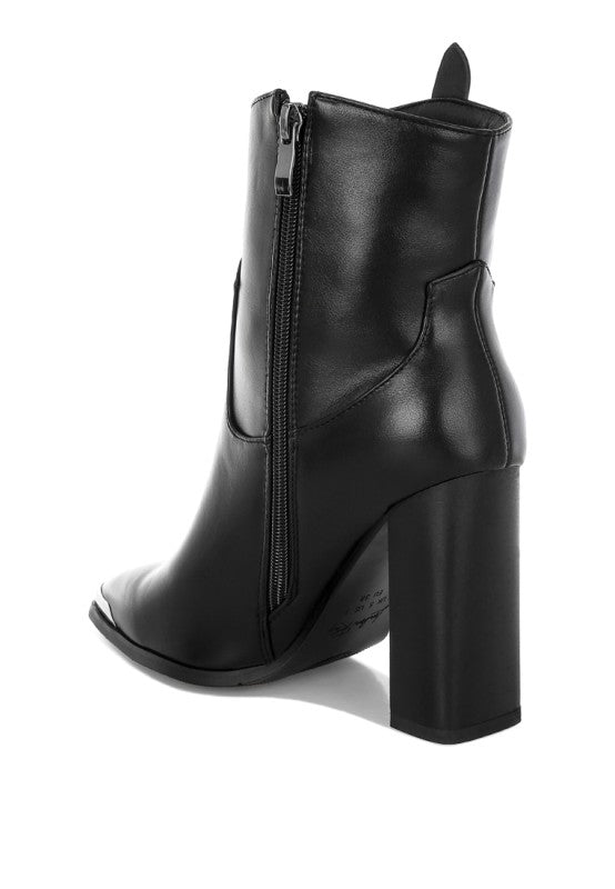Back view of Black Hatter Pointed Toe Boots showing zipper closure and block heel design
