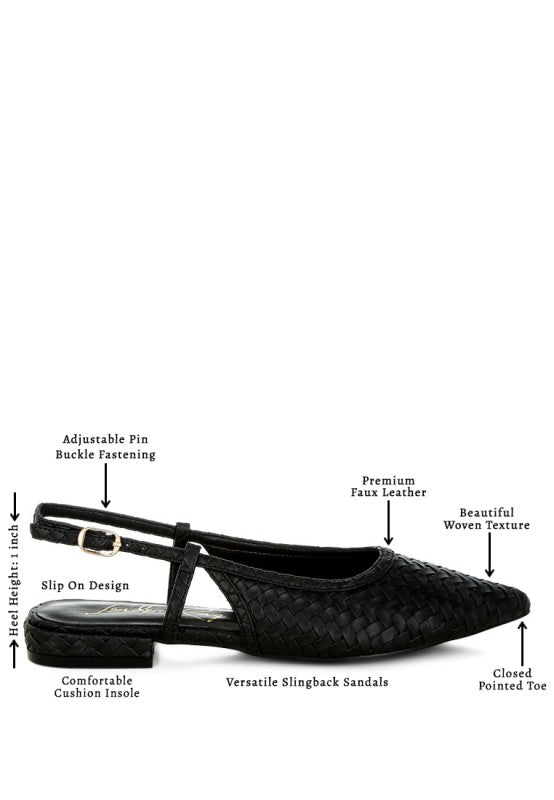 Detail view of black woven detail slingback sandals with chic pointed toe silhouette