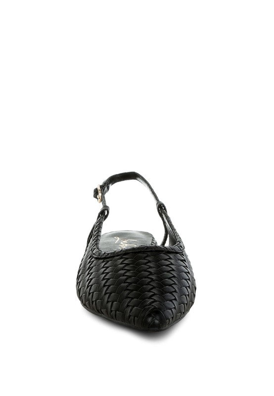 Front view of black woven slingback sandals with low block heel, versatile chic look