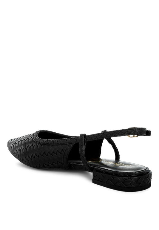 Back view of black slingback sandals showing adjustable slingback strap and heel.