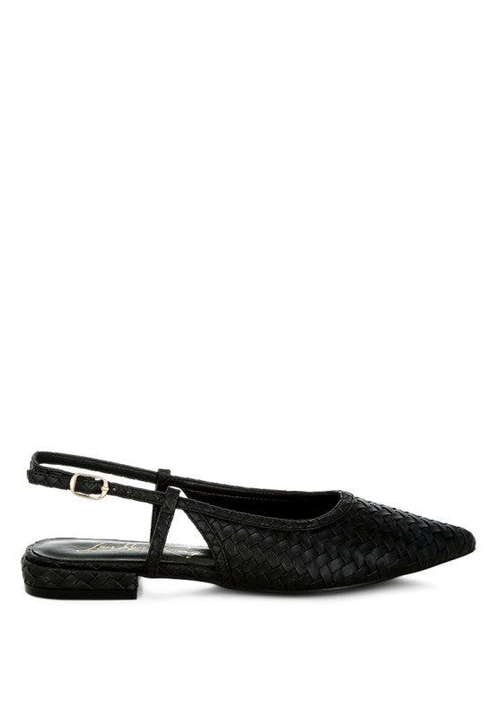 Side angle of black slingback sandals with woven faux leather and buckle strap.