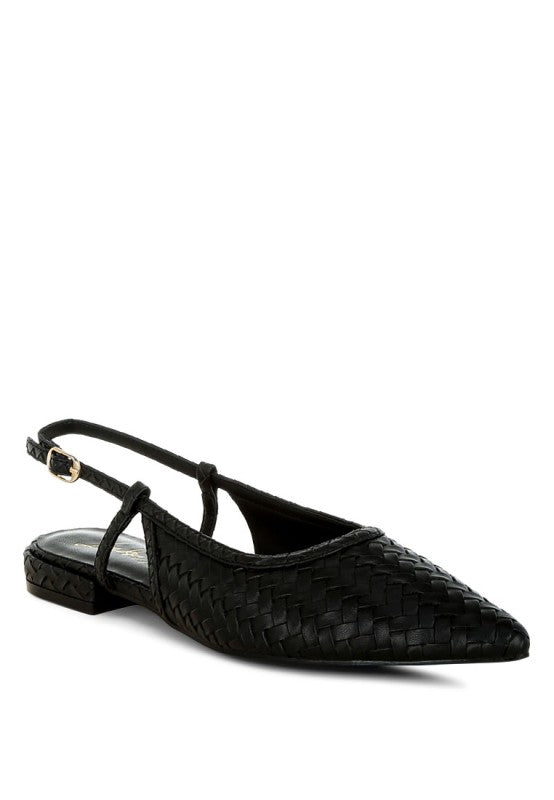 Black woven slingback sandals with pointed toe and block heel