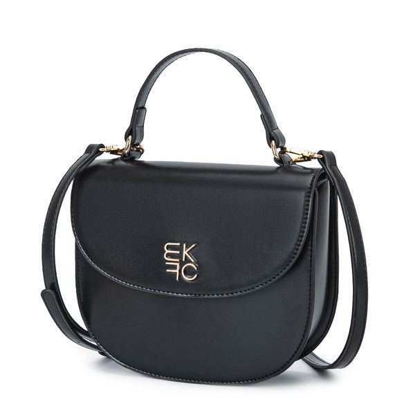 Black Heloise Crossbody Bag with smooth vegan leather, gold hardware, top handle, compact size