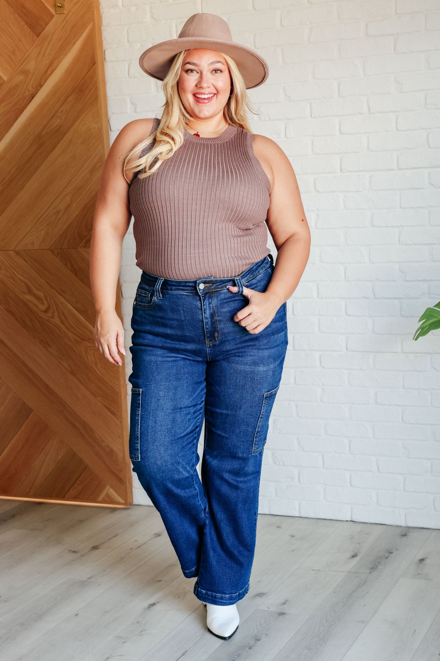 Plus size full body view of Lenny Ribbed Sweater Tank in brown knit with high stretch and flattering silhouette.