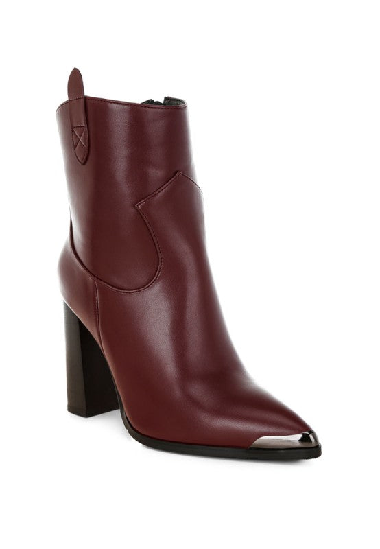 Burgundy Hatter Pointed Toe Boots front angle view showing paneling detail and block heel