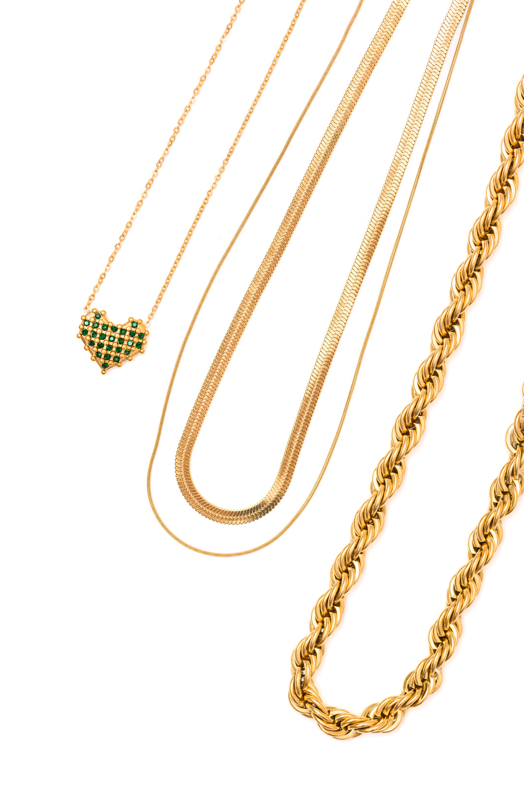 Call Me Back Jewelry Bundle with gold rope, double chain, and heart necklace front view.