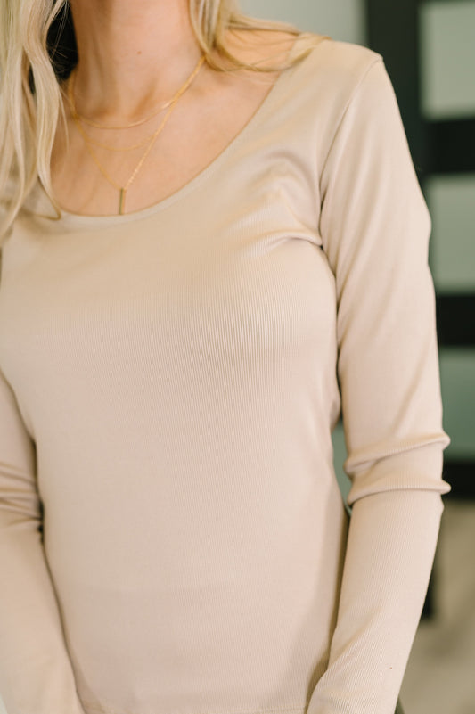 Ribbed knit detail and round neckline of Laura Basic Long Sleeve Top in Sand.