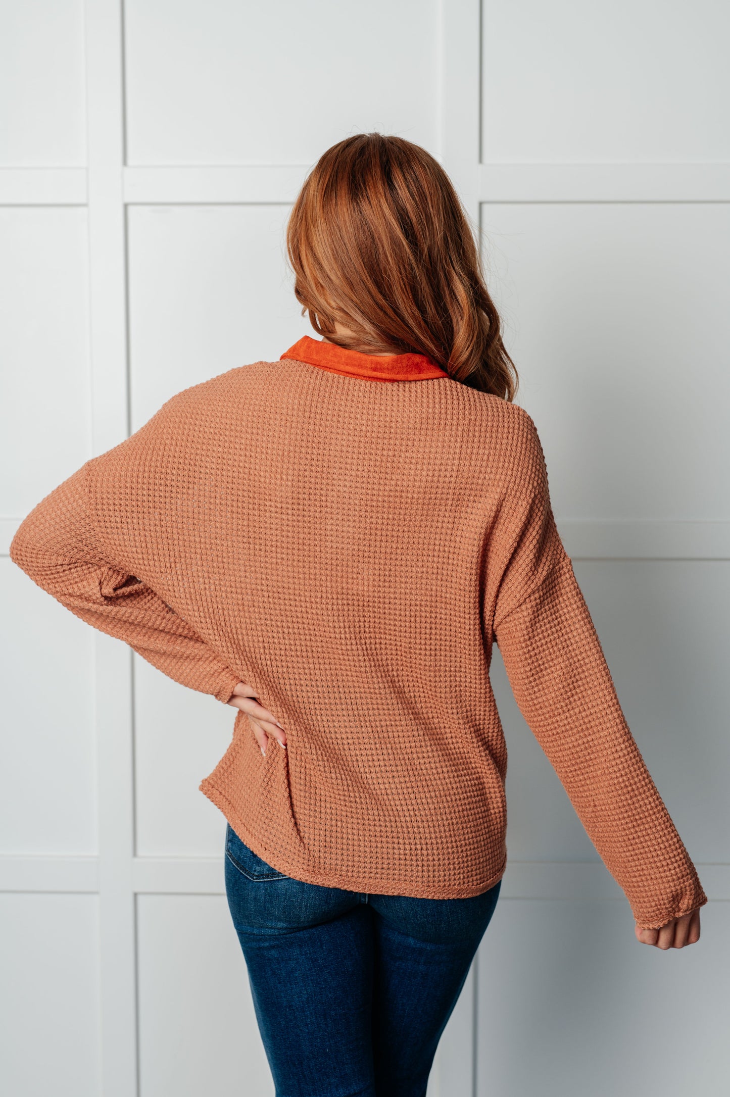 Emerie Waffle Knit Contrast Trim Top in orange showing waffle knit texture.