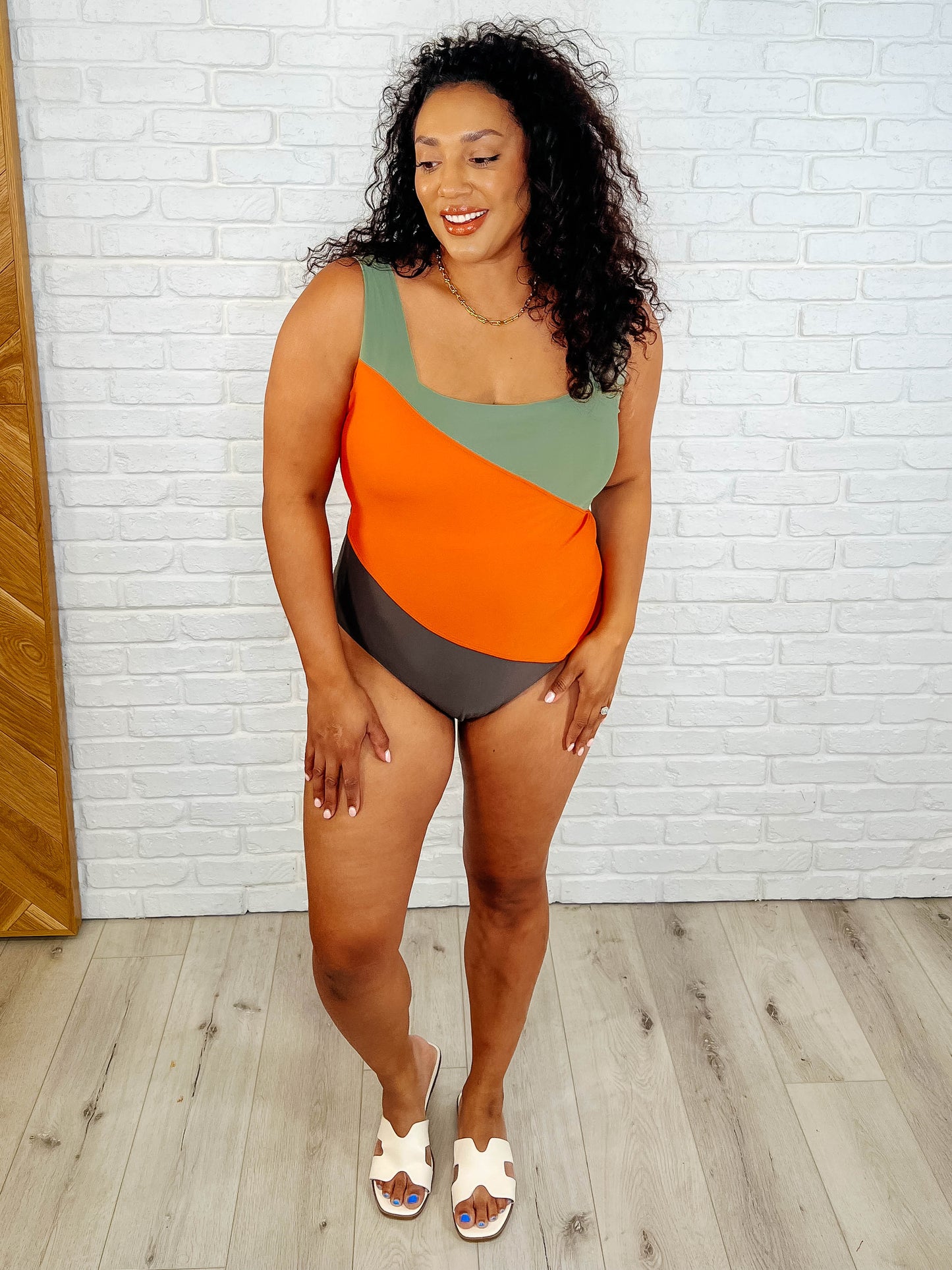 Cape Town Asymmetrical Stripe One-Piece Swimsuit - Square Neckline, Cheeky Fit, Orange Multi