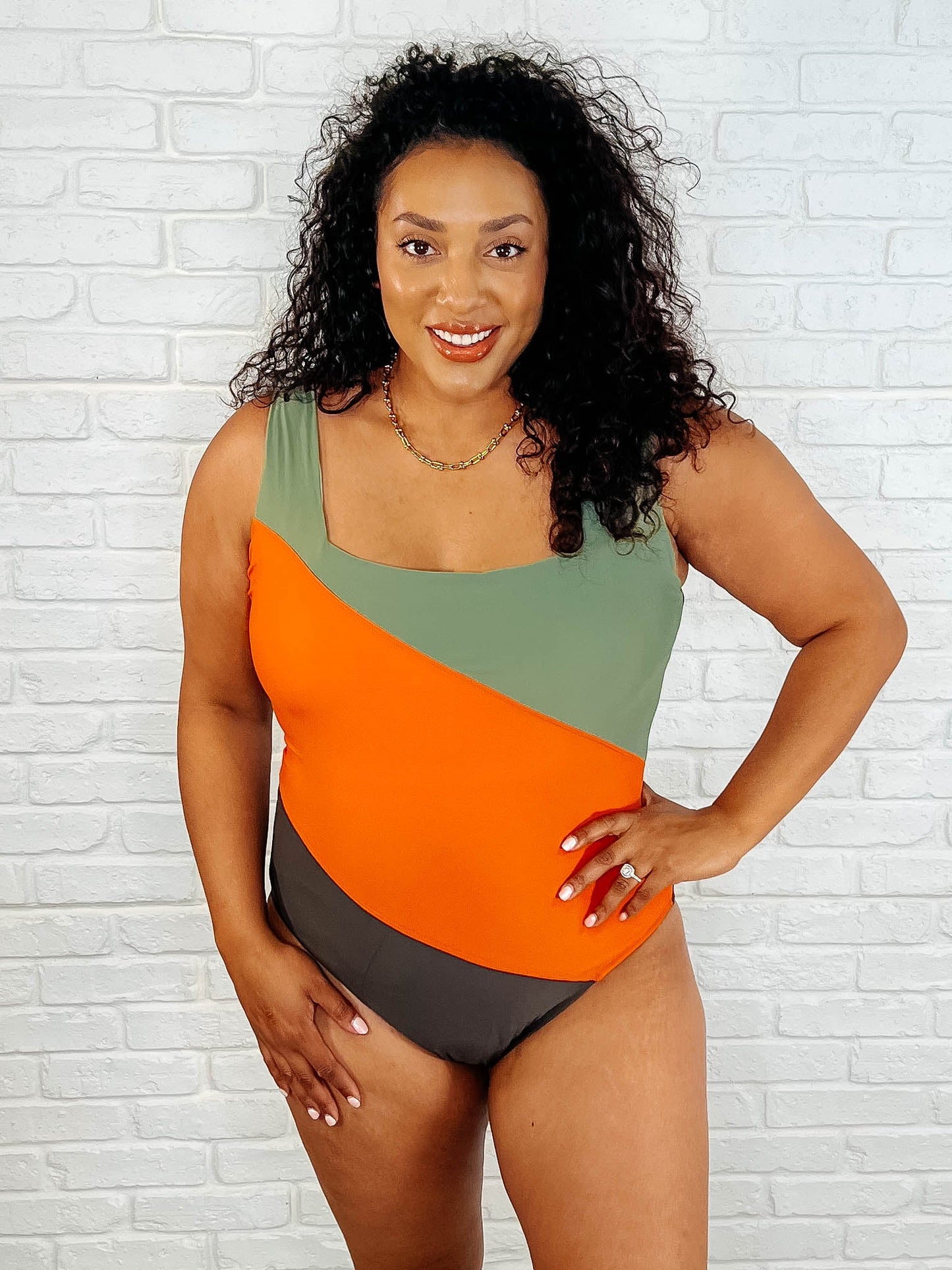Cape Town Asymmetrical Stripe One-Piece Swimsuit - Square Neckline, Cheeky Fit, Orange Multi