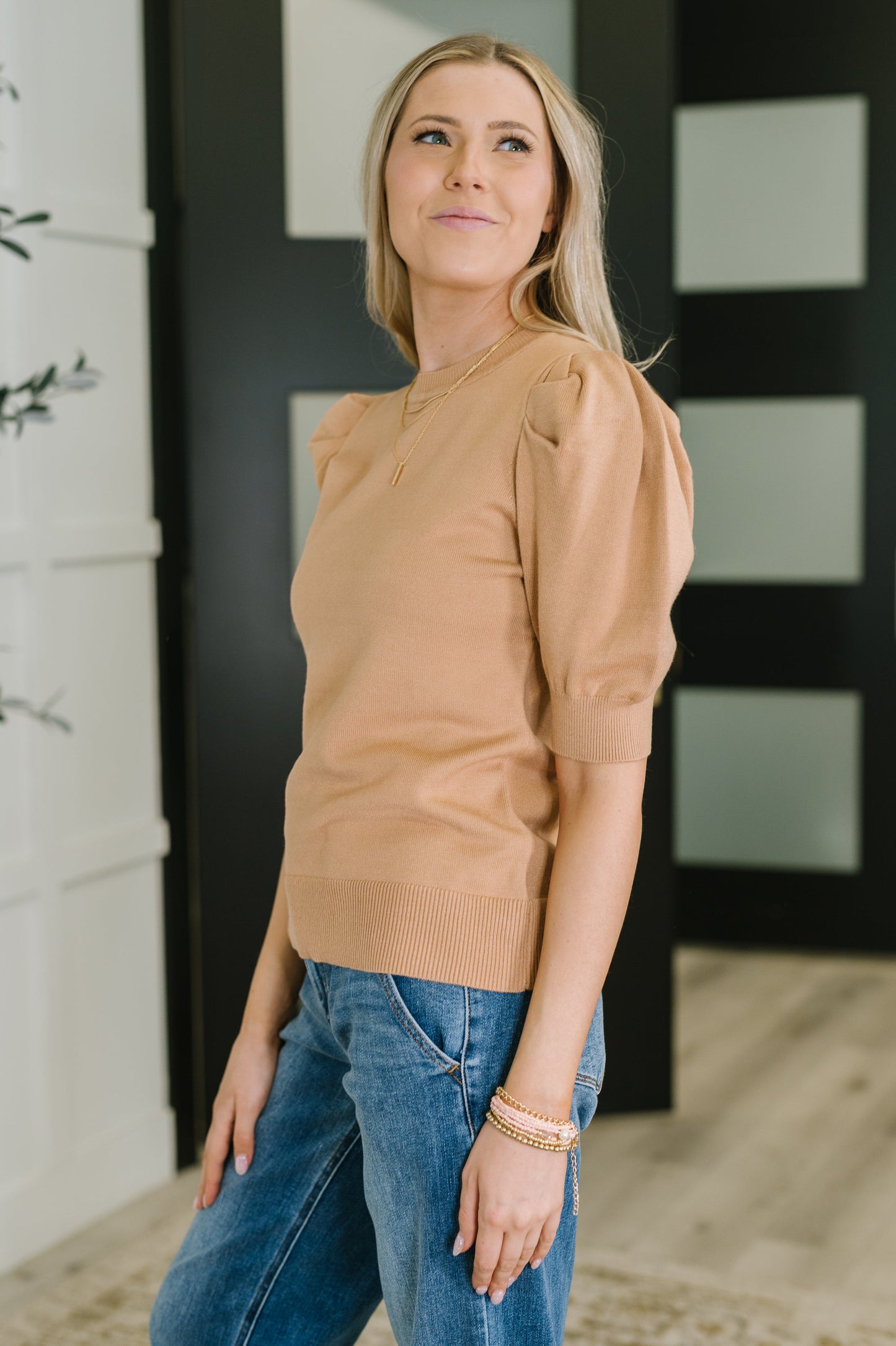 Side view of Giselle Puff Sleeve Blouse in Brush highlighting puff sleeve volume