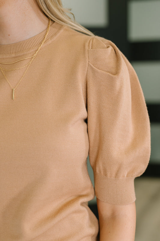 Close up of Giselle Puff Sleeve Blouse in Brush showing ribbed puff sleeve detail