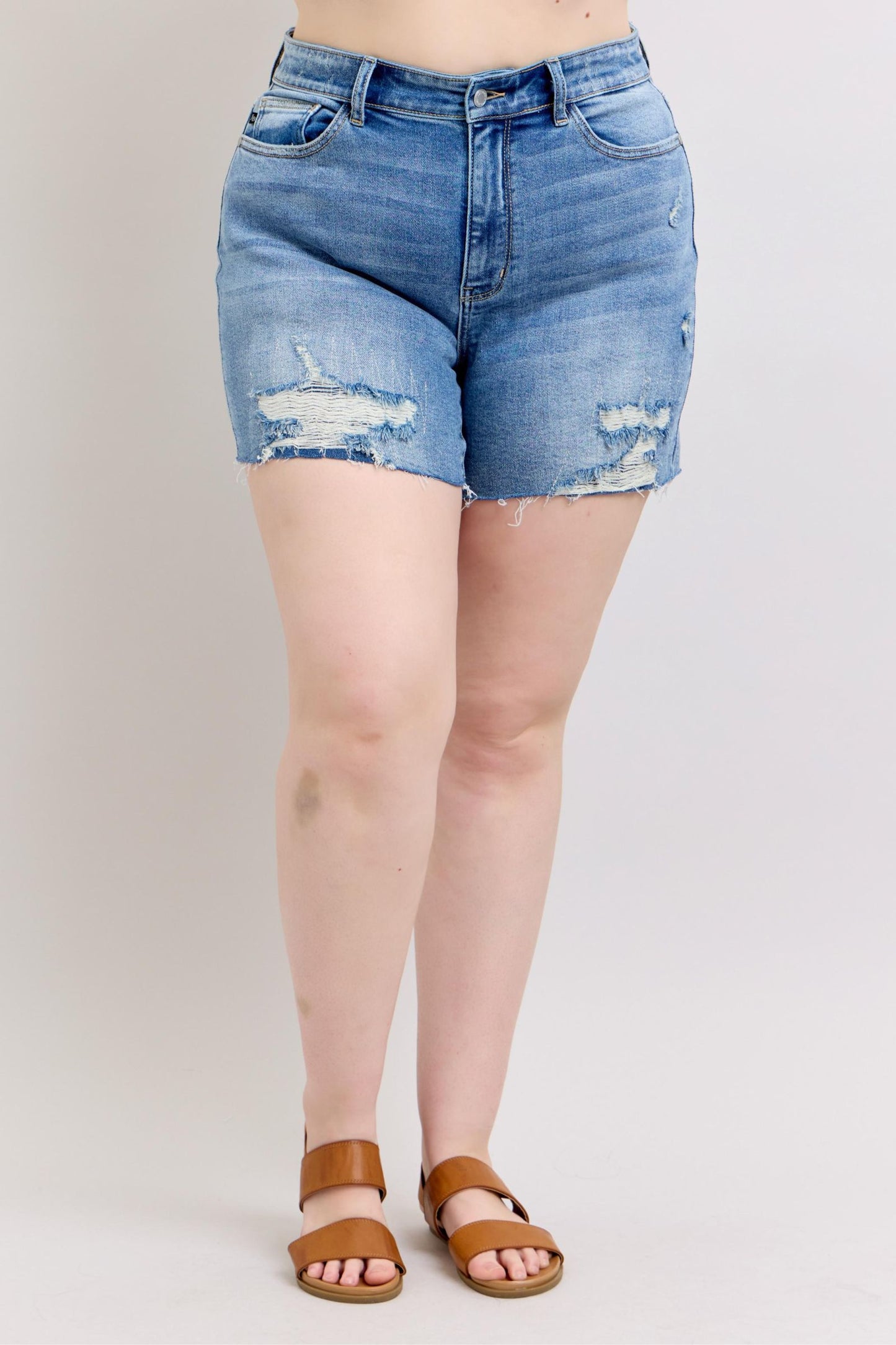 Charley plus size denim shorts with stitched distressed detail and raw hem.