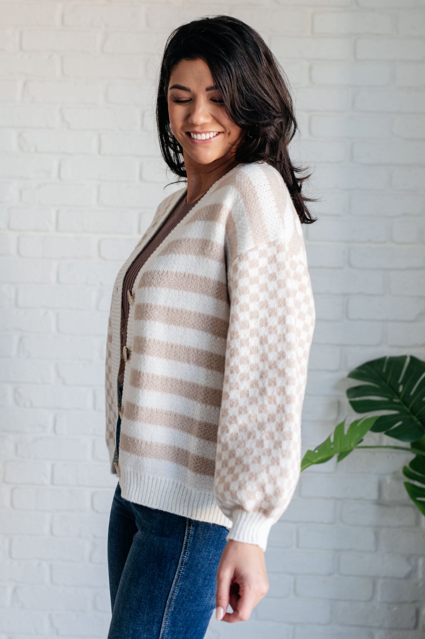 Eve Cardigan side view showing dropped shoulder and button detail