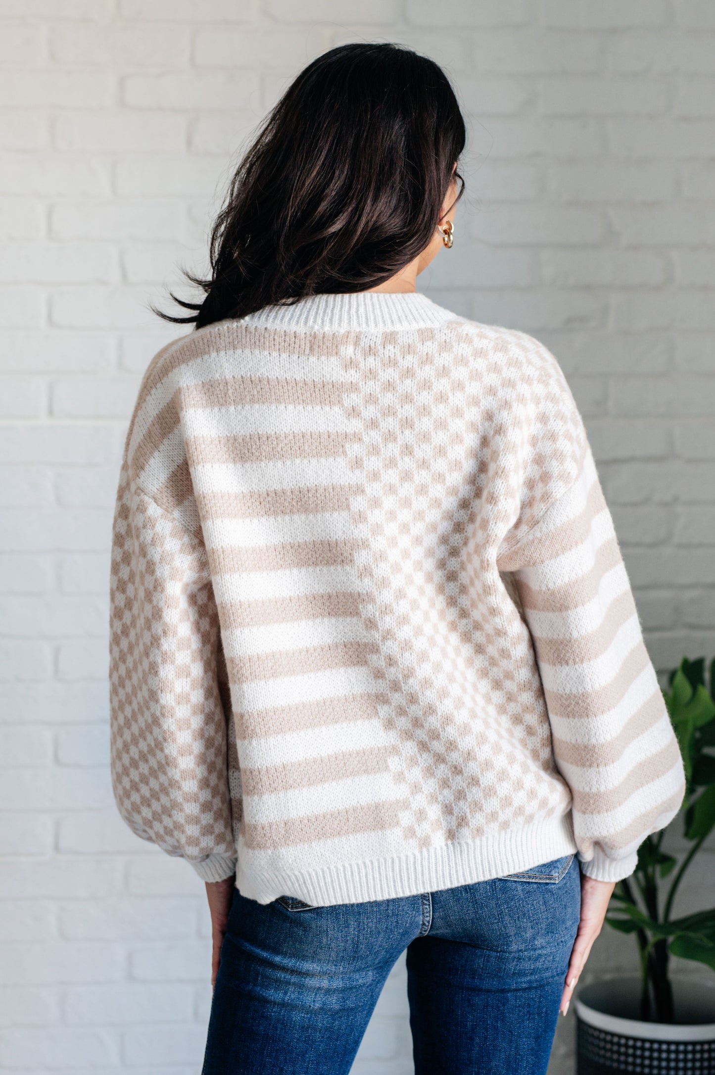 Eve Cardigan back view highlighting mix of checks and stripes pattern