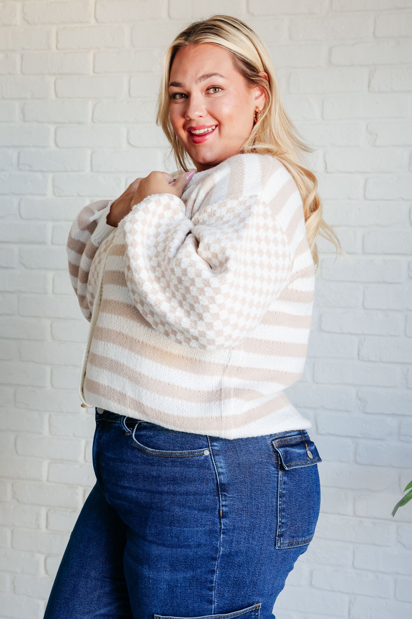 Plus size Eve Cardigan side view with cozy midweight knit fabric