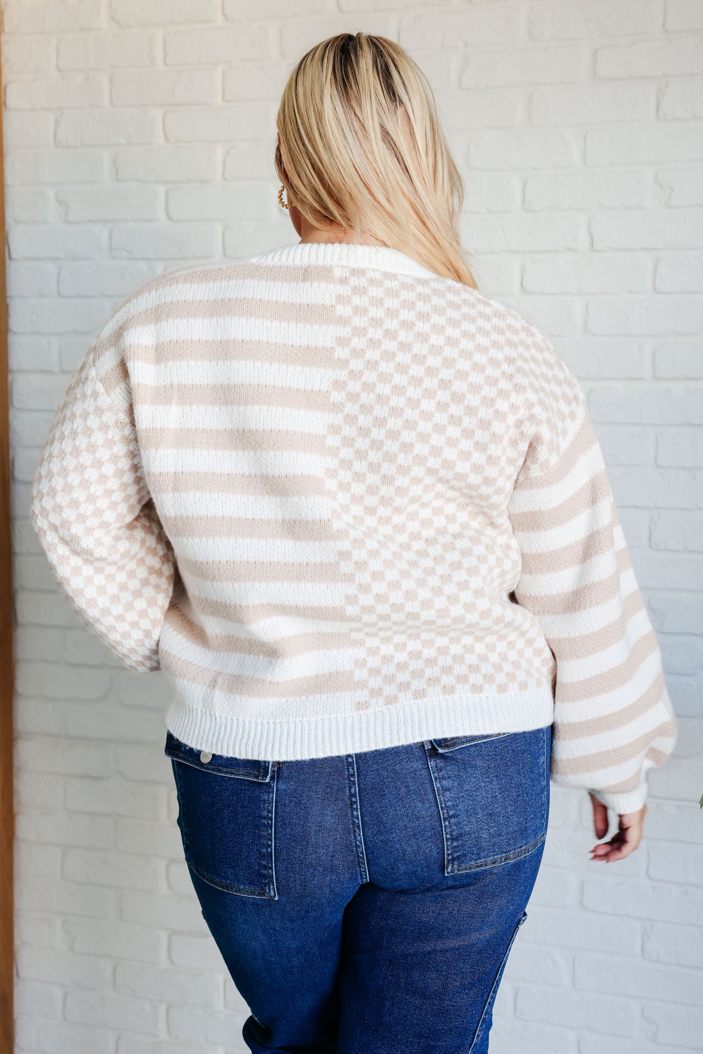 Plus size Eve Cardigan back view in neutral beige knit with ribbed trim