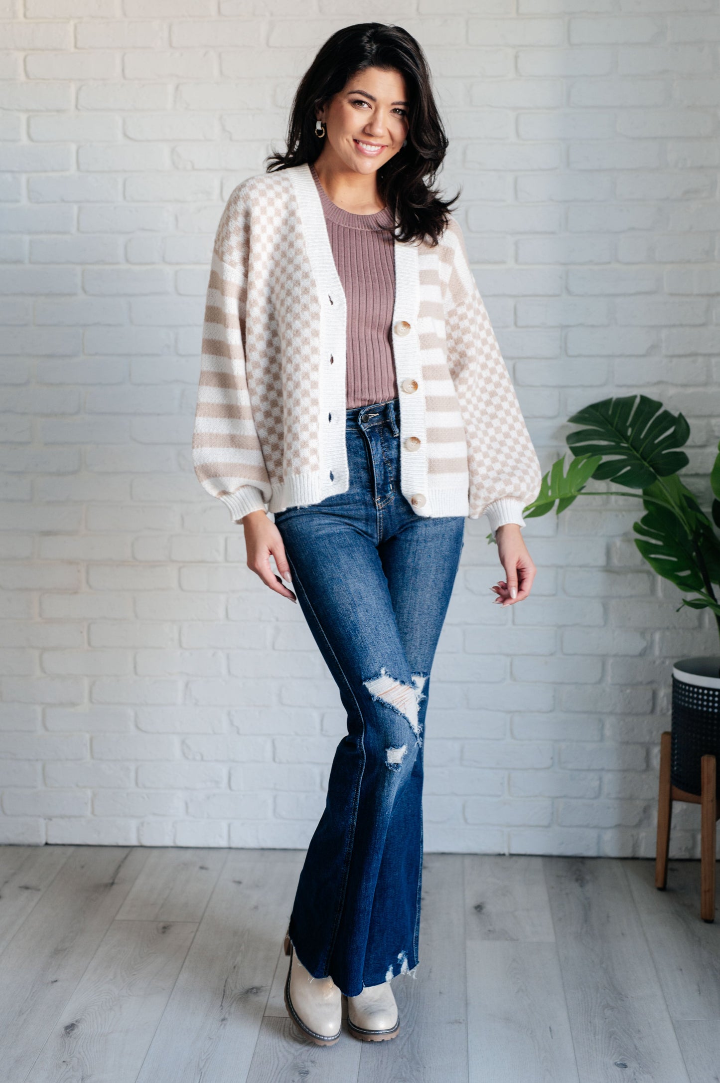 Eve Cardigan full body look styled with jeans and boots