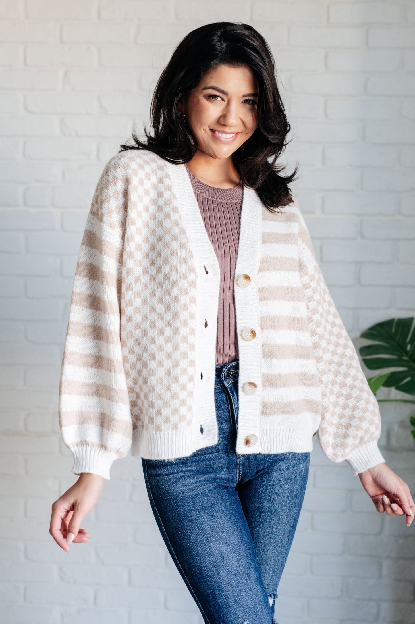 Eve Cardigan close-up front view with button front and ribbed trim