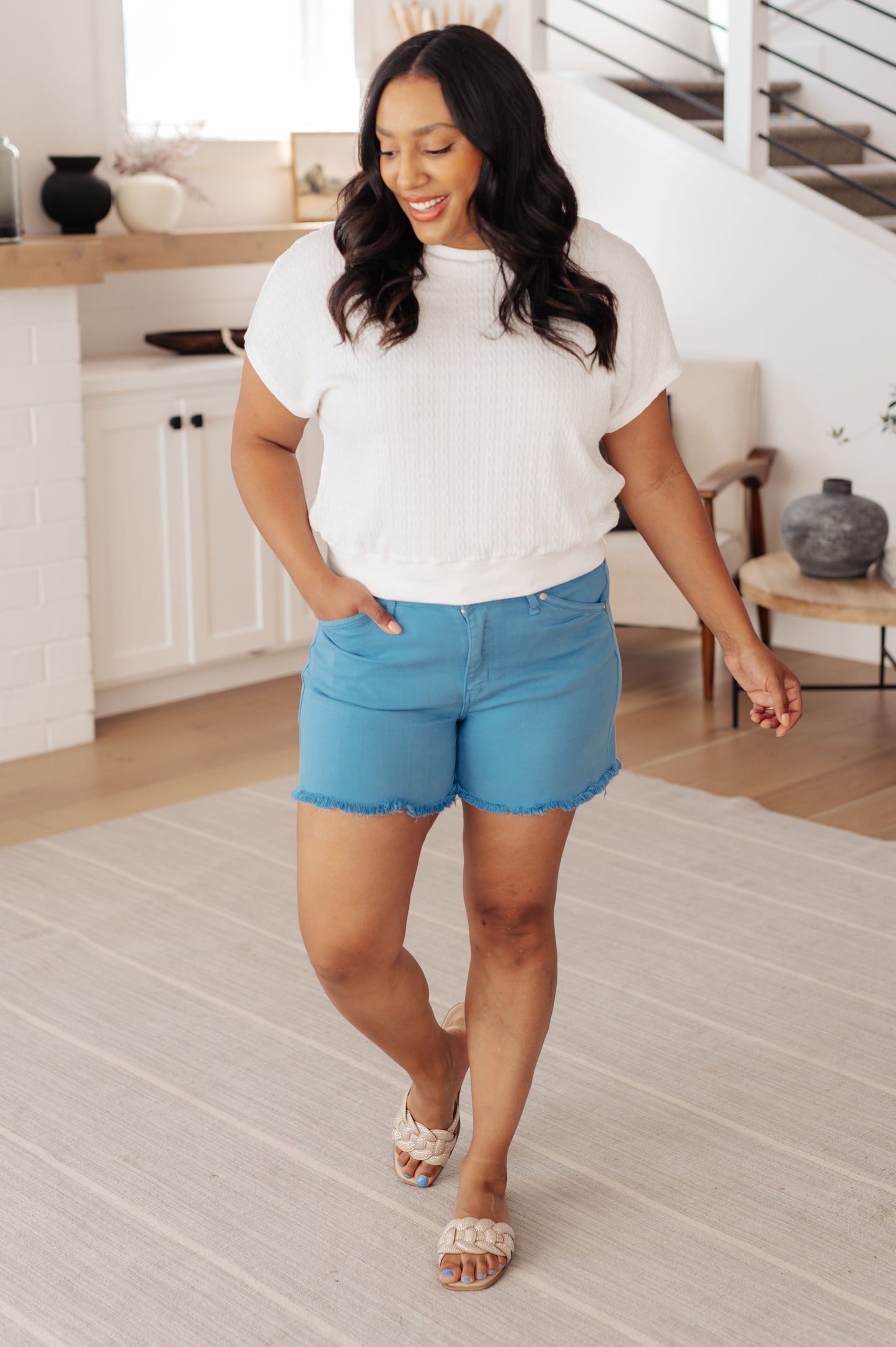 Plus size Claudine top front view in cable knit with round ribbed neckline and snug hem.