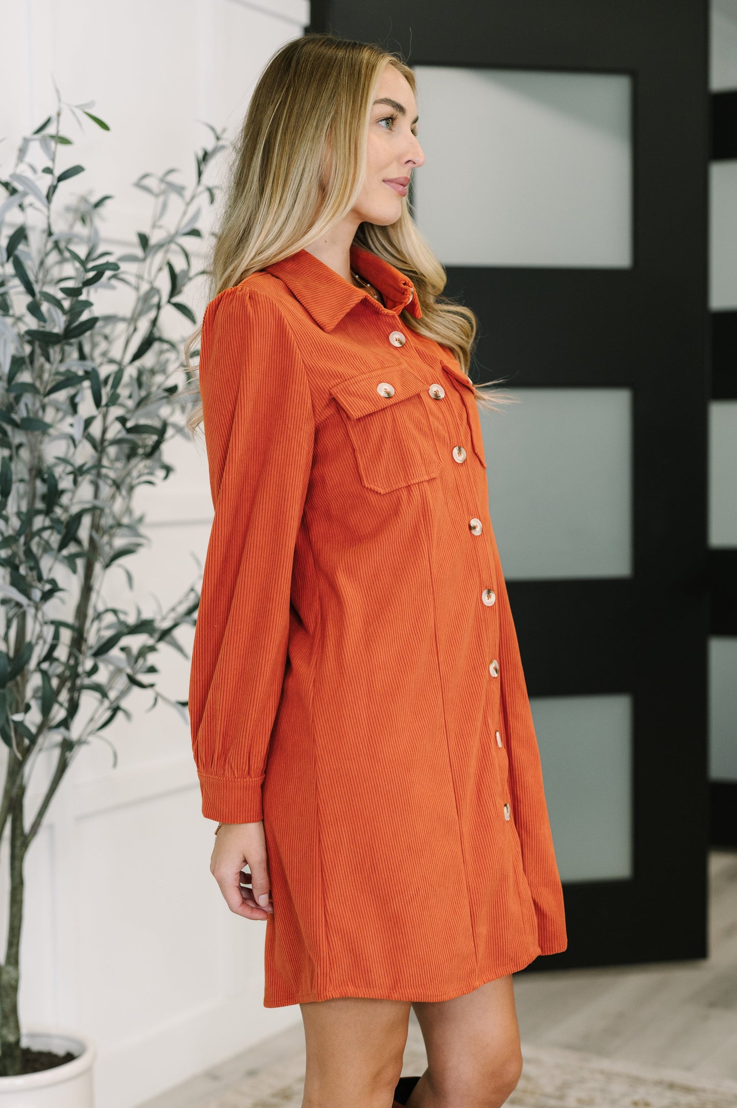 Clea Corduroy Shirt Dress in soft corduroy fabric, casual fall outfit idea, side angle view.