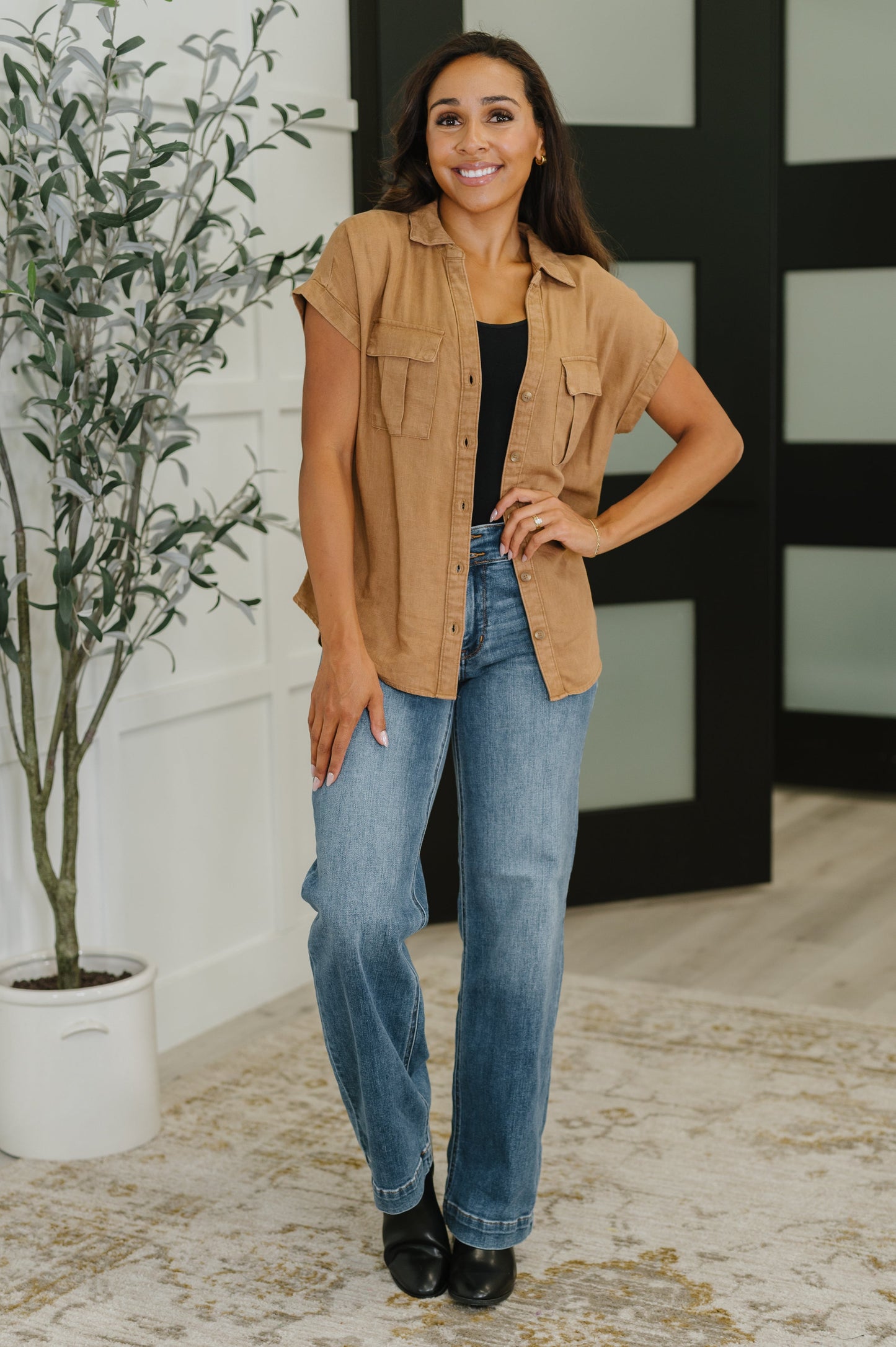Full body view of Waverly Blouse in deep camel with casual styling