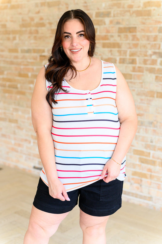 Plus size colorful striped Henley tank top with scoop neck and button front – cool and comfy summer essential.